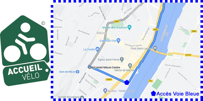 Map of how to get to the hotel from the Mâcon blue route by bike